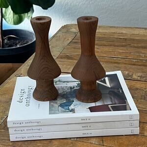Hand Turned Wood Candlestick Holders Tapered 6.5" Tall Set of 2